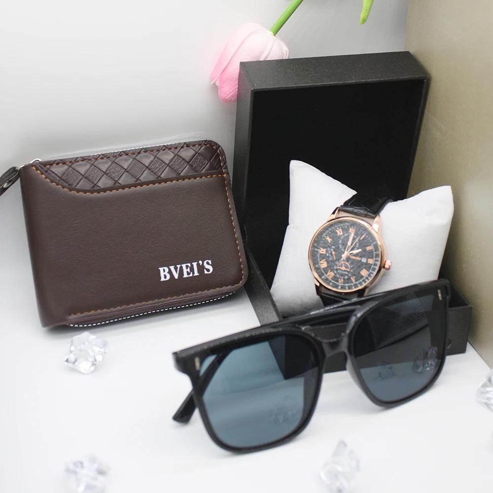 Набор из 3 предметов, роскошные часы для мужчин, солнцезащитные очки, кожаный кошелек, индивидуальные мужские часы для идеального подарка