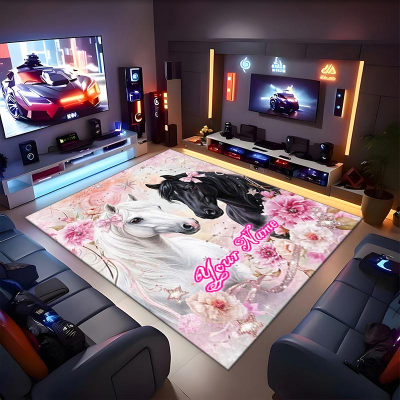 1PC Custom Name Horses Floral Fantasy Theme Floor Mat Ideal for Living Room, Game Rooms, Office, Bedroom,Floor Mat Playful Design