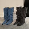 Spice Girl Skinny Pleated Pile Boots Women's Autumn and Winter New Pointed Boots Slope Heel Knee Knight Boots
