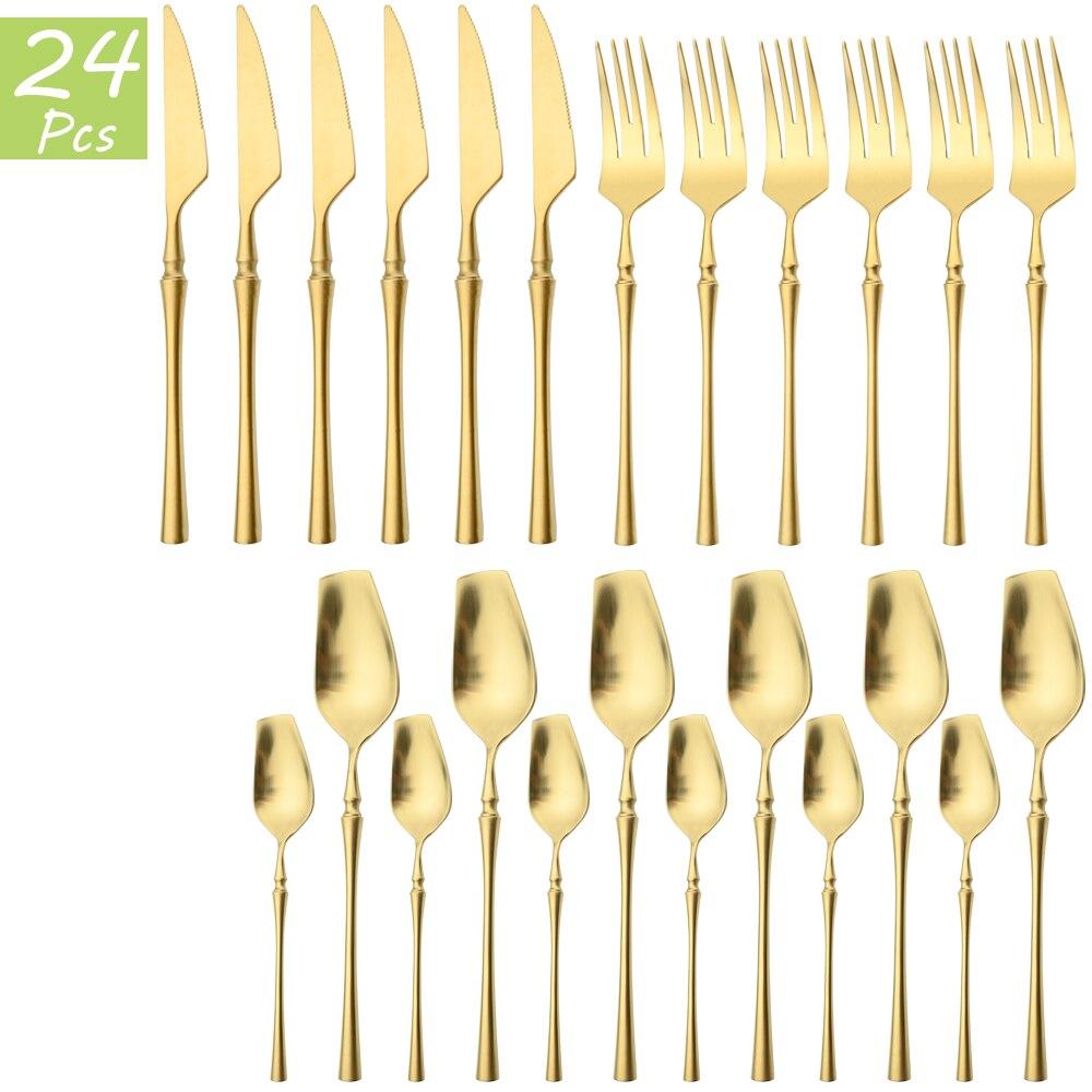 24Pcs Red Gold Cutlery Set 18/10 Stainless Steel Tableware Vintage Knife Fork Coffee Spoon Dinnerware Set Wedding Kitchen Silverware