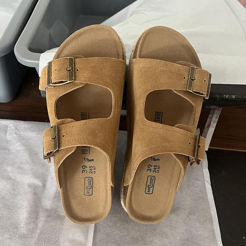 Мода 2024 года, лето, женские тапочки на платформе с двумя пряжками, пробковые тапочки из коровьей замши, сандалии на плоской подошве для женщин, ретро-садовые сандалии-сабо