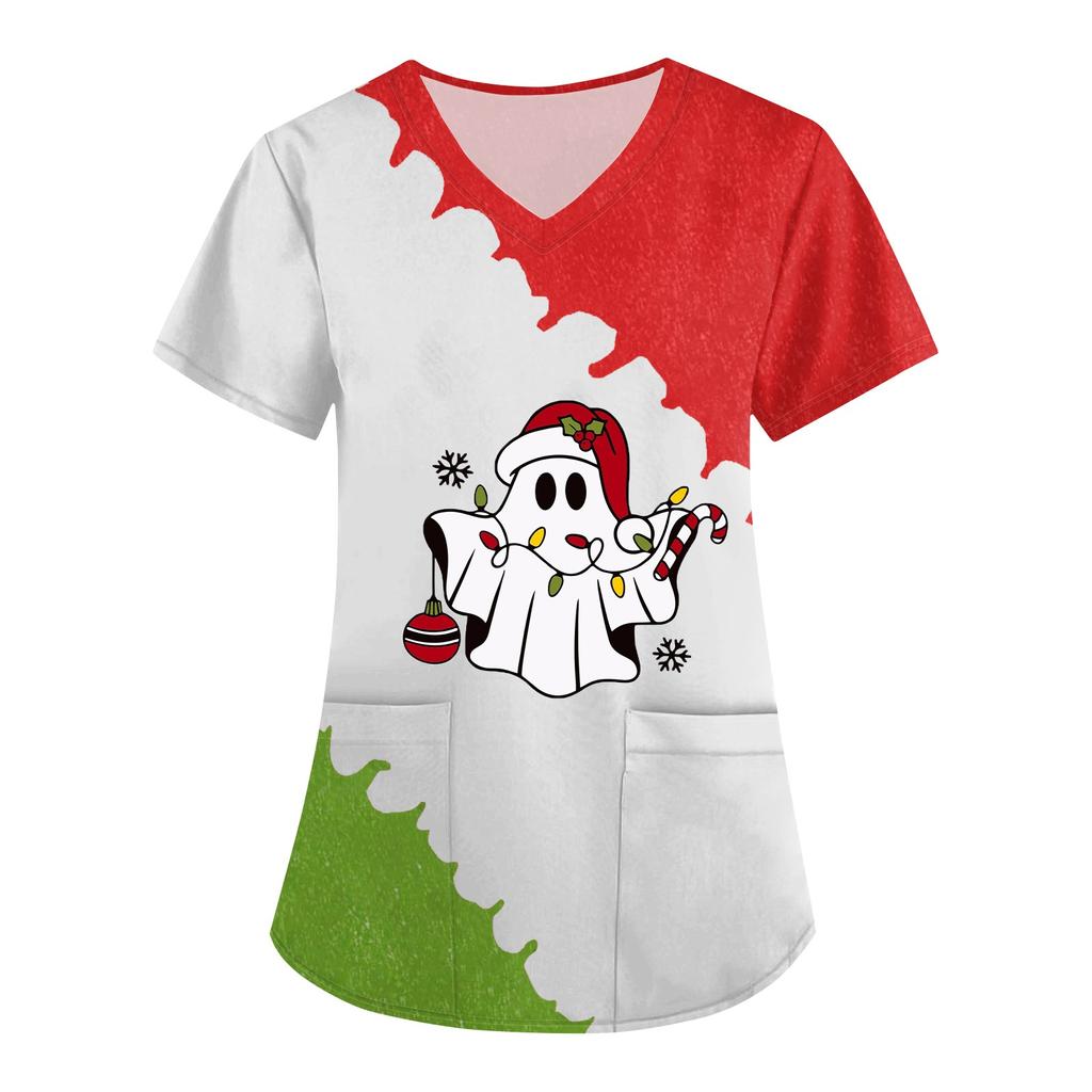 Women's Christmas Printed Uniform Work Uniform V-Neck Pocket Protective Work Uniform