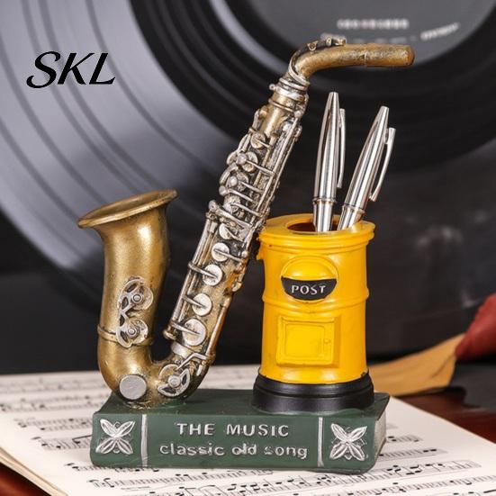 Retro Desk Decor Vintage Saxophone & Violin Pen Holder, Resin Musical Instrument Organizer, Weighted Artistic Organizer Base Pencil Stand for