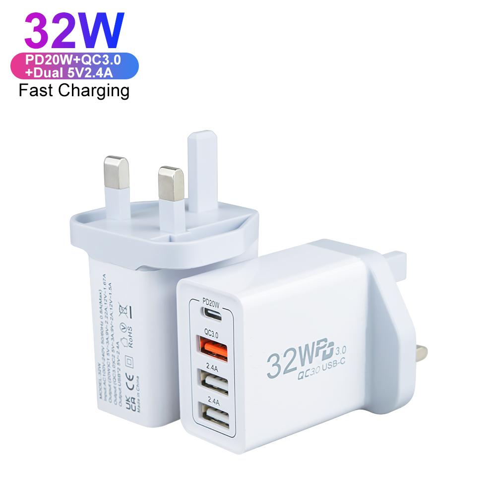 PD QC3.0 4-Port USB Type C UK Wall Charger Adapters 32W Fast Charging for IPhone Portable Travel Adapter