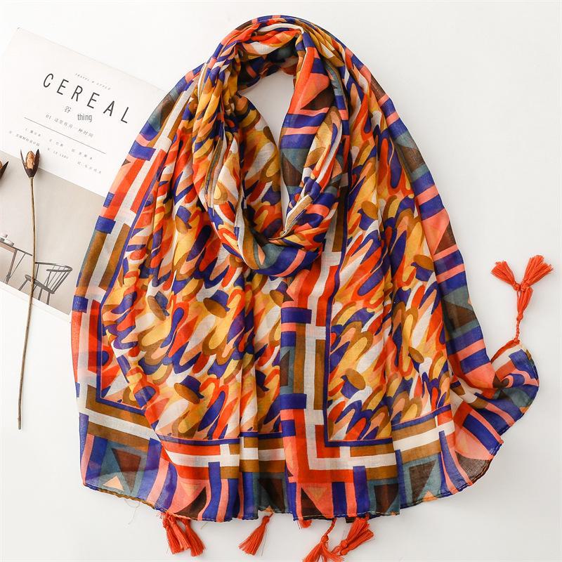 Синий шелковый шарф в стиле бохо с банановыми листьями - солнцезащитная шаль с кисточками