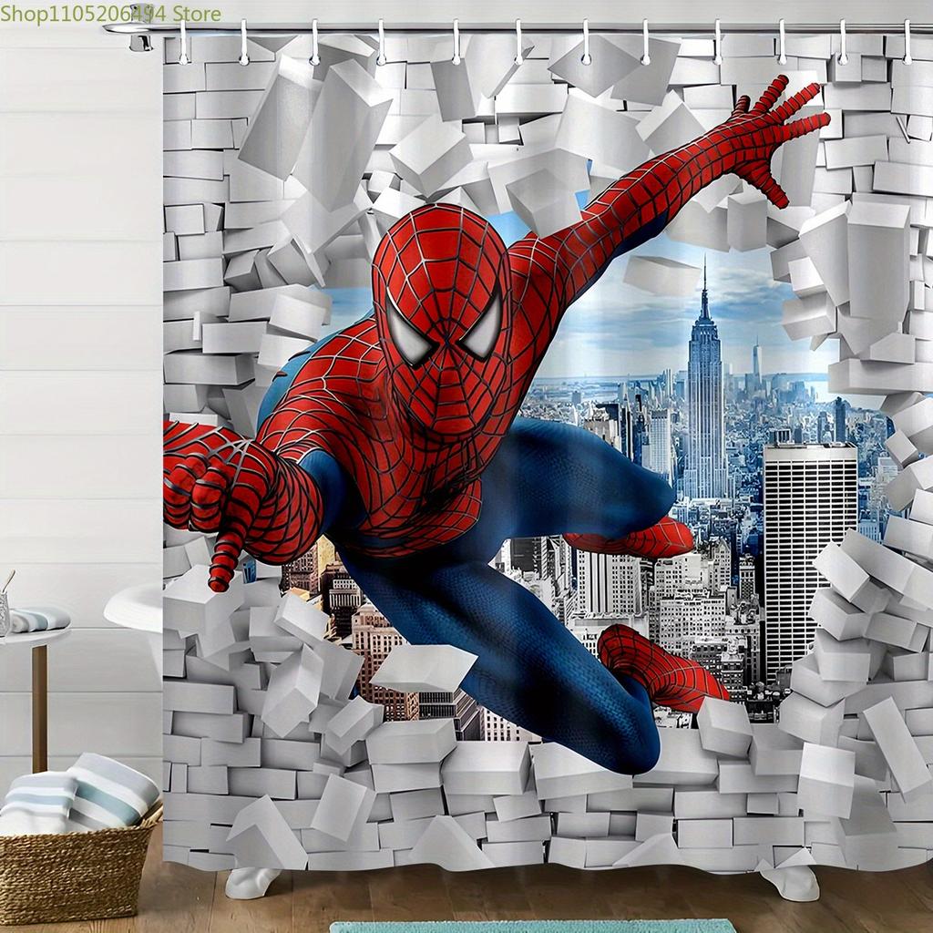 1pc Marvel shower curtain Spider-Man Shower Curtain, Printed Pattern Bathroom Set, Bathroom Decorative Shower Curtain with Hoo