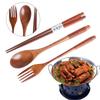 Japanese Style Portable Cutlery Set Spoon Fork Chopsticks Natural Wooden Cloth Bag