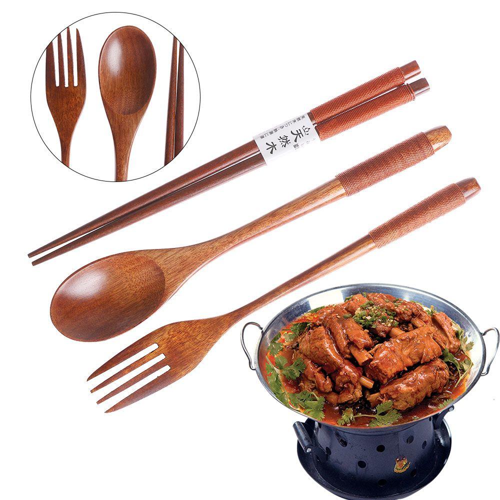 Japanese Style Portable Cutlery Set Spoon Fork Chopsticks Natural Wooden Cloth Bag