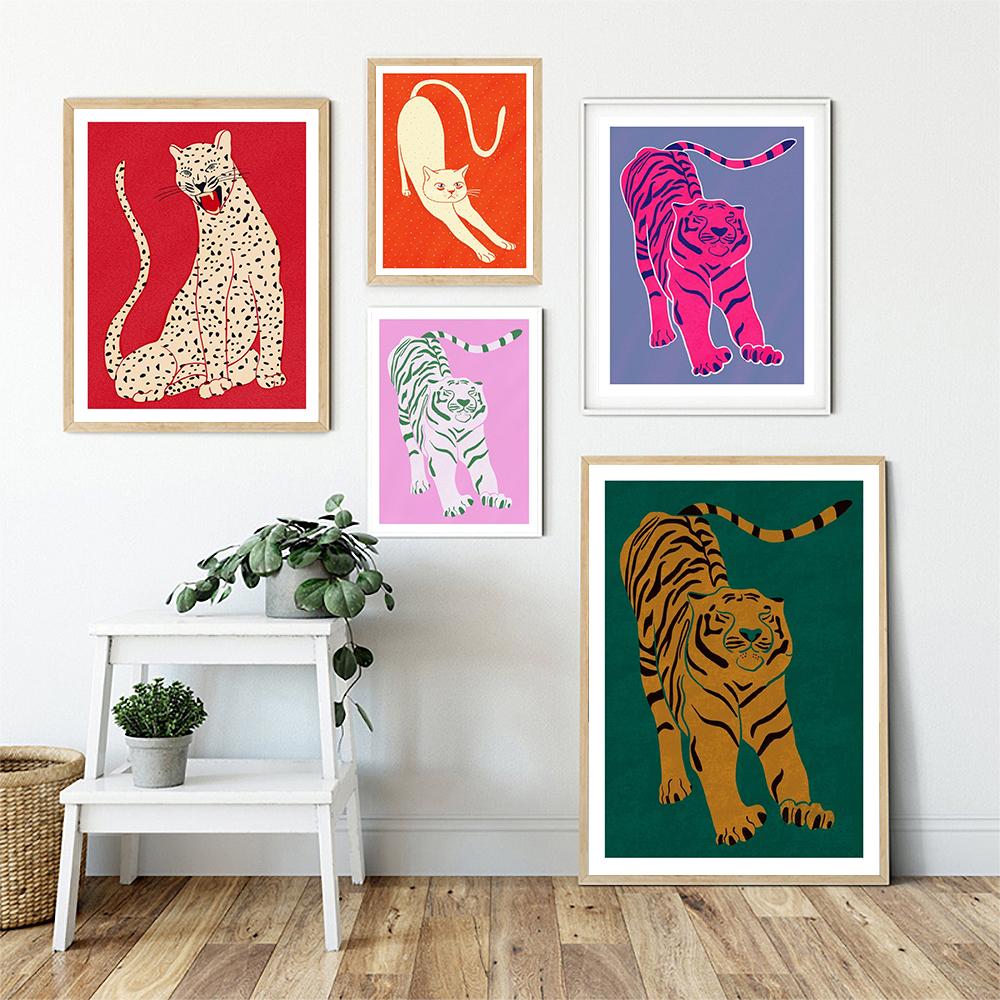 Nordic Abstract Animal Poster Красный Розовый Зеленый Тигр Не Теряет Сон Картина На Холсте Настенная Живопись Печать Картины Спальня Домашний Декор