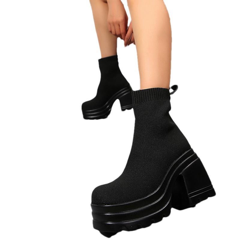Вязаные женские ботильоны на платформе, сексуальные высокие каблуки, зимняя обувь 2025 года, дизайнерские толстые туфли-лодочки в готическом стиле Botas Mujer
