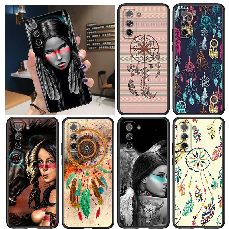 Indian Feathers Girl for Samsung Galaxy S21 Ultra Plus Note 20 10 9 8 S10 S9 S8 S7 S6 Edge Plus Black Phone Case