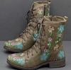Woman Ankle Boots Embroidery Big Size 43 Flower Boots Autumn Winter Lace Up PU Leather Female Footwear Ladies Shoes