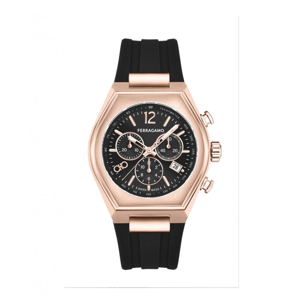 Salvatore Ferragamo Ferragamo Tonneu Chrono Silicone Watch Black Rosegold Black