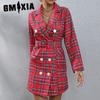 Женская мода осень-зима клетчатый принт длинный рукав поло воротник высокая талия повседневные платья
