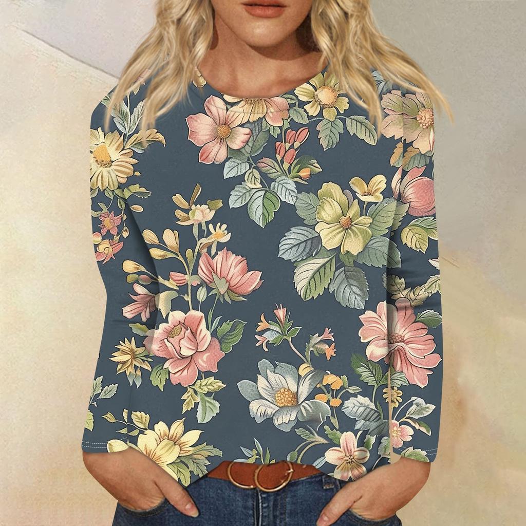 Женская мода Повседневная ретро-принт с круглым вырезом и длинным рукавом Декоративная футболка Топ