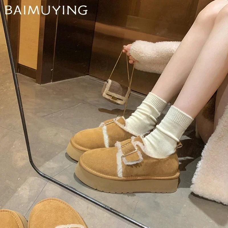 Женские зимние ботильоны на платформе, замшевые, меховые, на плоской подошве, повседневная обувь, короткие, плюшевые, зимние, хлопковые, тренд 2025 года, теплые, удобные, женские ботинки
