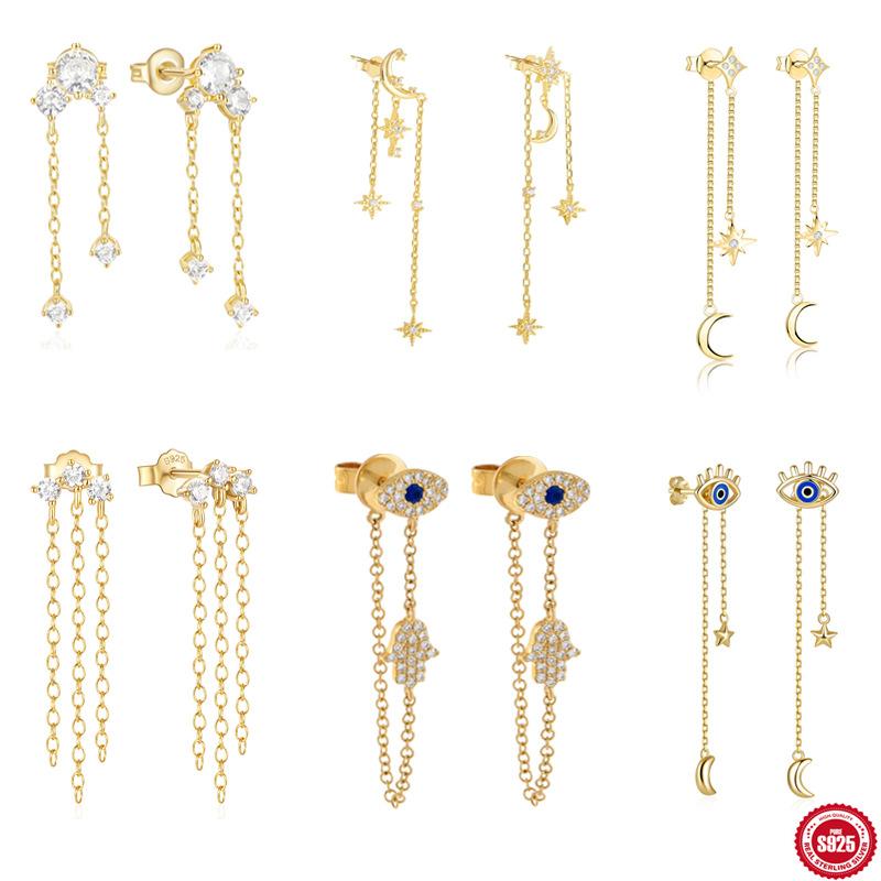 S925 стерлингового серебра стиль банкетные украшения простые роскошные благородные бриллиантовые цепочки бахрома серьги-гвоздики