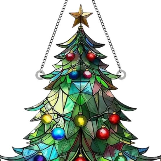 Christmas Tree Sun Catcher Stained Acrylic Light Catcher Ornament Collectible Christmas Hanging Sun Catcher for Window Tree Festive Decoration