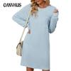 Autumn and Winter Women's Plus Size Round Neck Striped Pocket Loose Long Sleeve Dress