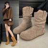 Frosted Version~ Retro Flat-bottomed Short Boots Women's Western Boots Autumn and Winter Sleeve Round Head Stacking Boots Slim Short Women's Boots