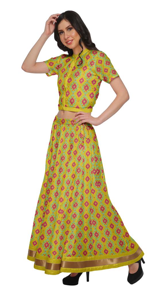 Moomaya Printed Indian Crop Top Skirt Sets Chanderi Women Ethnic Wear Plus