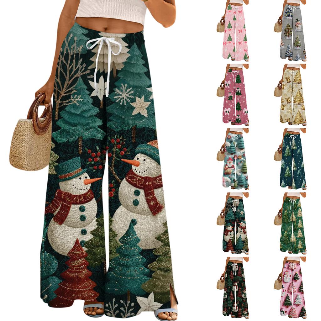 Ladies' Loose And Casual Christmas Printed Wide Leg Pants With Elastic Waistband Drawstring And Pocket Pants