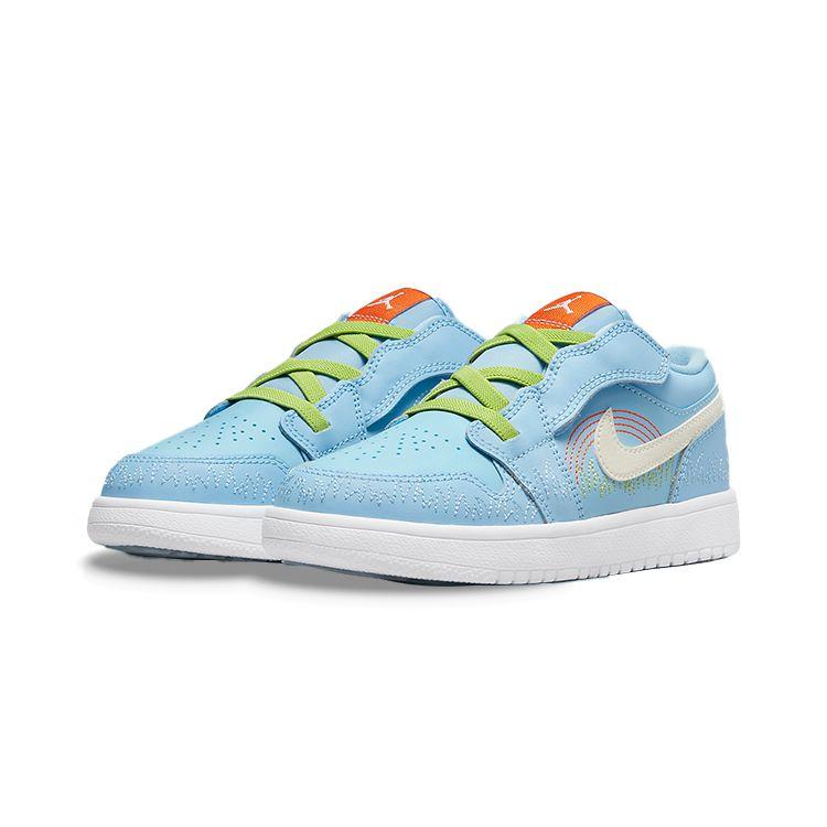 Детские кроссовки Air Jordan 1 Low SE PS Blue Stitch Psychic-Blue Vivid-Green Safety-Orange DR9500-400