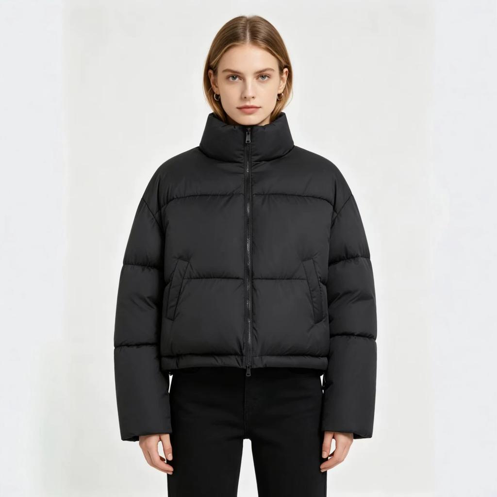 Women's Street Fashion Stand-Up Collar Loose Short Drawstring Pocket Decorative Zipper Down Cotton Jacket