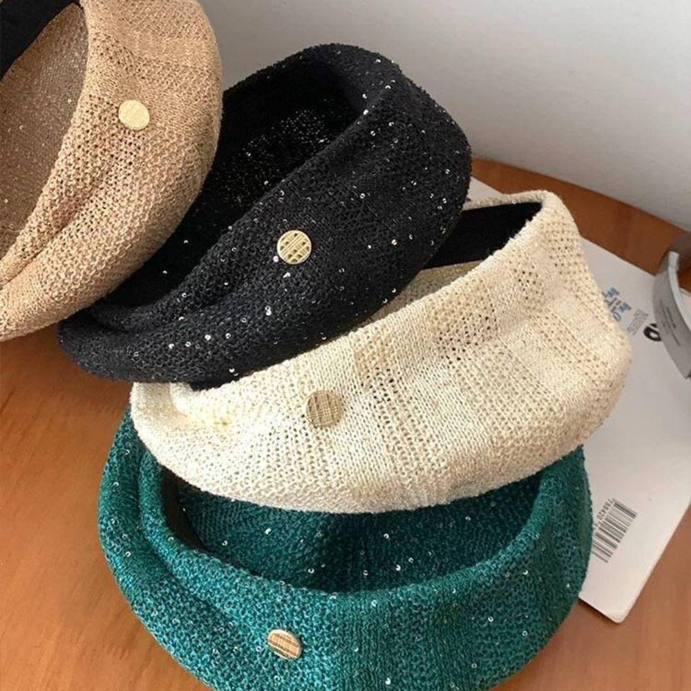 Paillette Weave Hat Breathable Crochet Knitted Cap Elegant Sequin Beret Hat Beach
