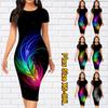 Slim Short Sleeve Knee-length Dress Fashion Women Midi 3D Multicolored Feathers Print Dress