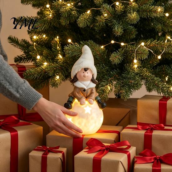 Luminous Resin Doll Christmas Ornament, Durable with Warm LED Light Design, Whimsical Holiday Home Accents Add Festive Atmosphere Figurine for