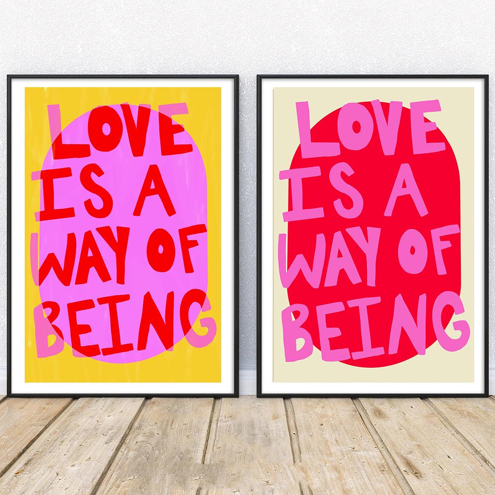 Love Is A Way Of Being Text Quote Posters Vivid Soft Pink White Canvas Painting Modern Maximalist Picture Living Room Home Decor