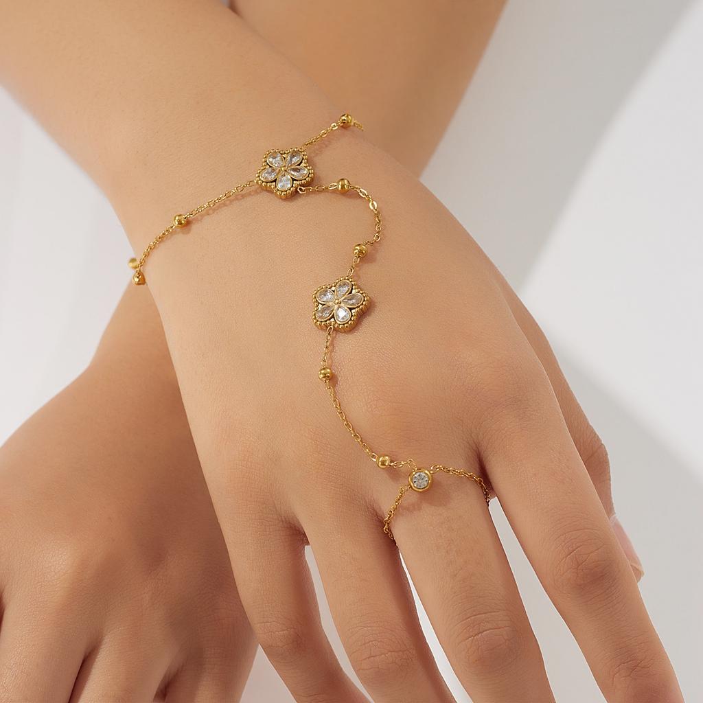 DIEYURO 316L Stainless Steel Exquisite Zirconia Flower Fashion Finger Bracelet For Women Trend Non-fading Hand Chain Jewelry