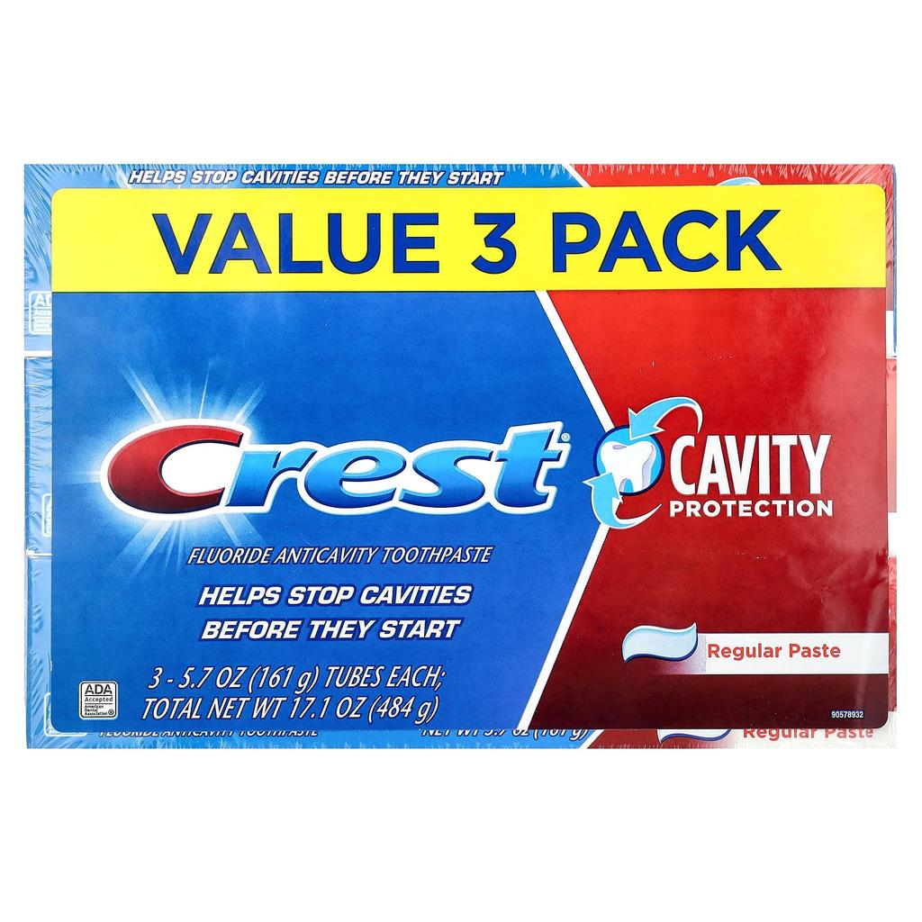 Crest Cavity Protection, фторидная зубная паста против кариеса, обычная зубная паста, 3 упаковки, 161 г (5,7 унций) каждый