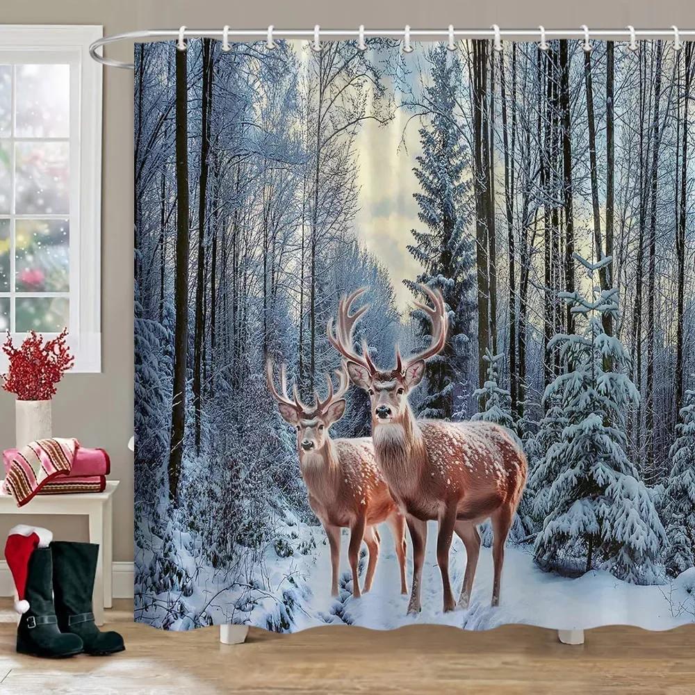Merry Christmas Shower Curtain Winter Red Truck Snowman Reindeer Snow Farmhouse Shower Curtain Washable Polyester Bathroom Decor