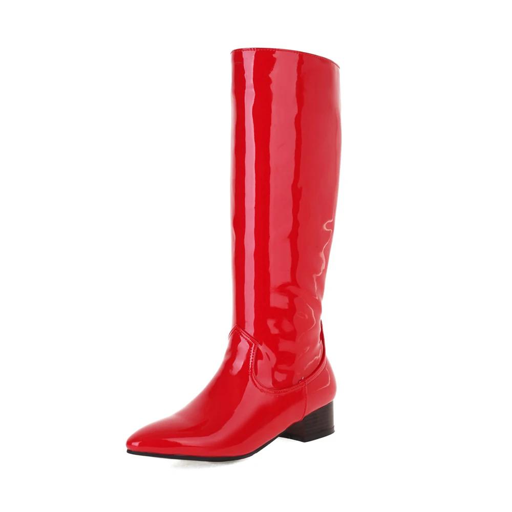 Модные осенне-зимние женские сапоги на квадратном каблуке, высокие до колена, с острым носком, из лакированной кожи, удобные на низком каблуке, для вечеринки, платья, танцев