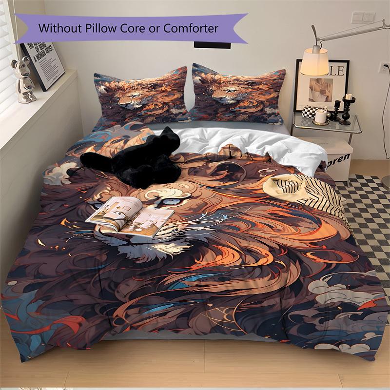 3pcs Lion Print Duvet Cover Set, Cover For Bedroom Guest Room (1 Duvet Cover + 2 Pillowcase, Without Quilt), yy250922233