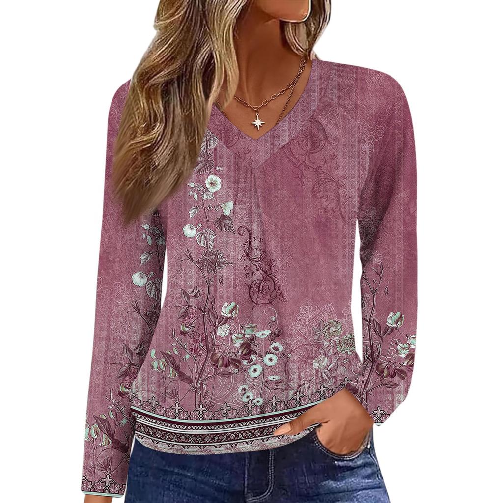 Женский повседневный модный топ с V-образным вырезом, регланом, плиссировкой, ретро-принтом и длинным рукавом