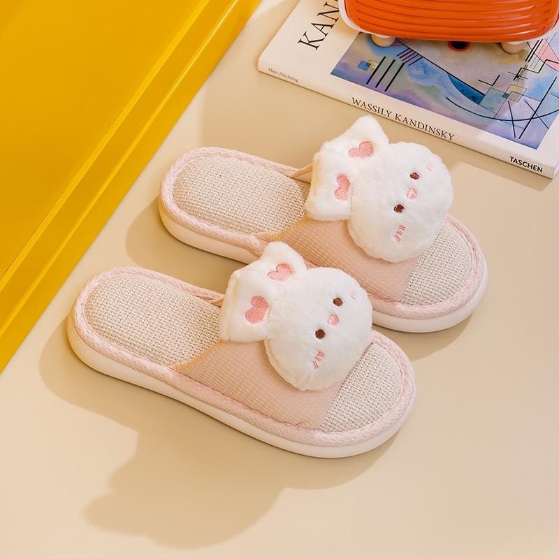 Модные милые льняные тапочки с кроликом, женские нескользящие тапочки с мягкой подошвой, домашние тапочки для женщин, осенне-зимние хлопковые тапочки для спальни, женские
