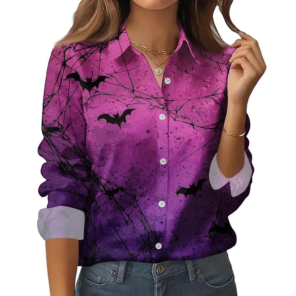 Женская рубашка-блузка с принтом и пуговицами, длинный рукав, повседневный базовый рубашечный воротник, обычный топ