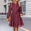 Fall Spring Women Dress Round Neck Lace Applique Long Sleeves Button-down Lace-up Strap Slim Waist A-line Big Hem Dating Party Midi Dress