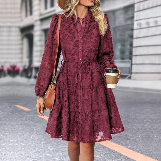 Fall Spring Women Dress Round Neck Lace Applique Long Sleeves Button-down Lace-up Strap Slim Waist A-line Big Hem Dating Party Midi Dress