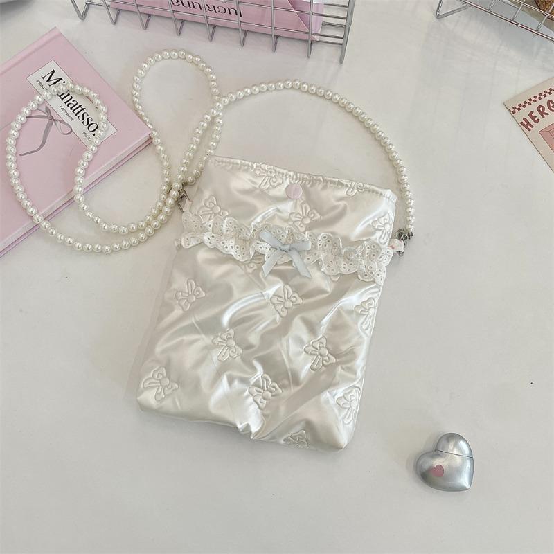 Pu Bow Padded Cotton Messenger Small Bag Mobile Phone Bag Pearl Chain Bag Portable Mini Cosmetic Bag