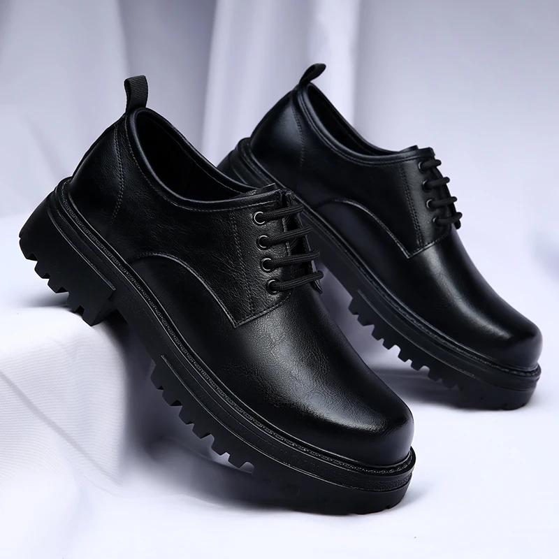 Туфли мужские из натуральной кожи на шнуровке, оксфорды на толстой платформе, деловая обувь, официальная обувь с круглым носком, винтажная обувь