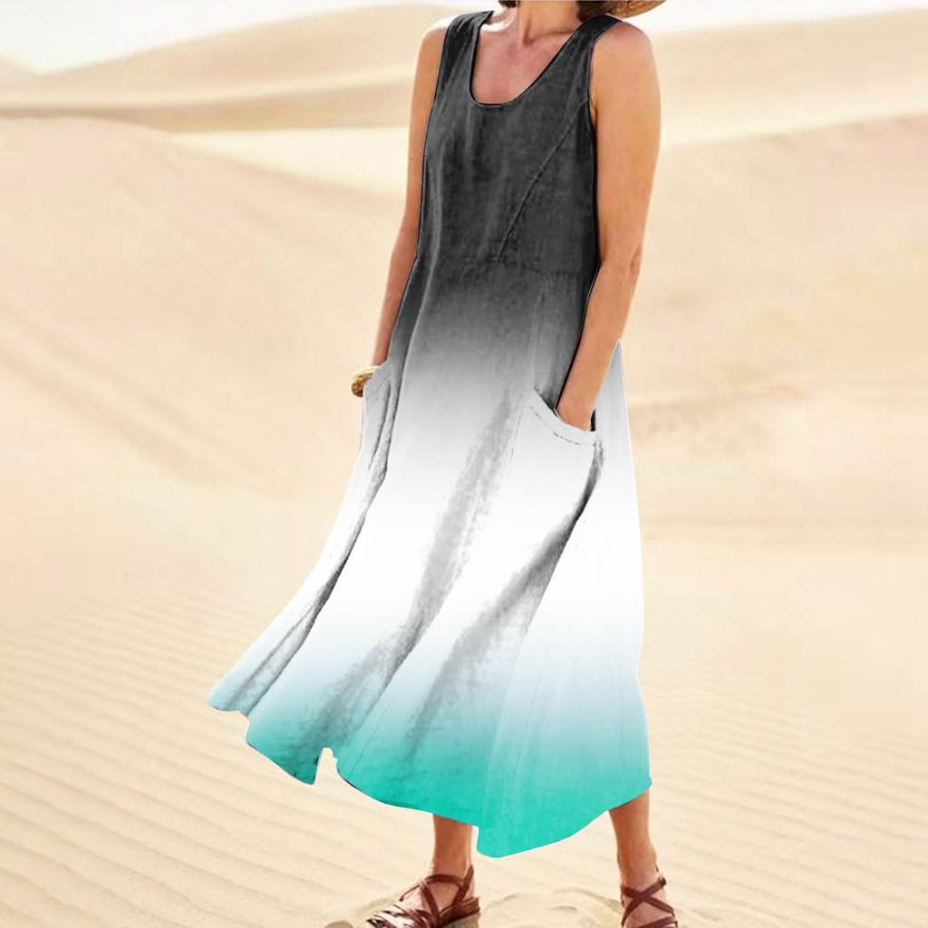 Женское повседневное удобное хлопковое карманное платье без рукавов с градиентным принтом
