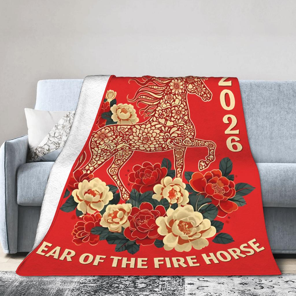 Year Of The Fire Horse 2026 Chinese New Year Blanket Flannel Air Conditioning Breathable Thin Throw Blanket Plush Thin Quilt