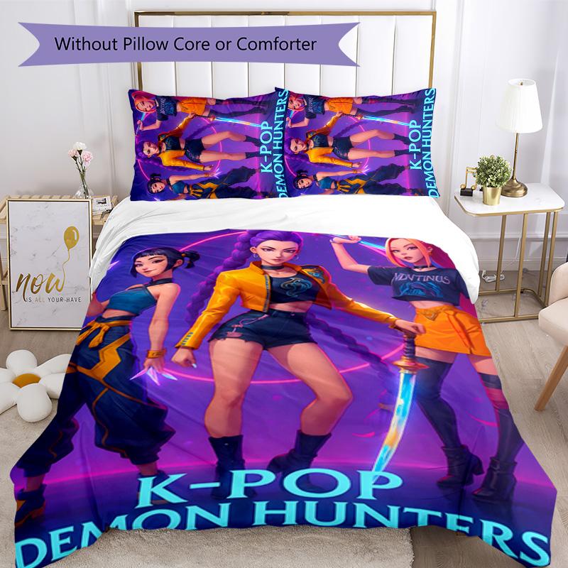 KPOP Hunter 3pcs Bedding Set Duvet Cover Closure Includes 1 Duvet Cover & 2 Pillowcases for All Seasons Bedroom Home Dorm Decor