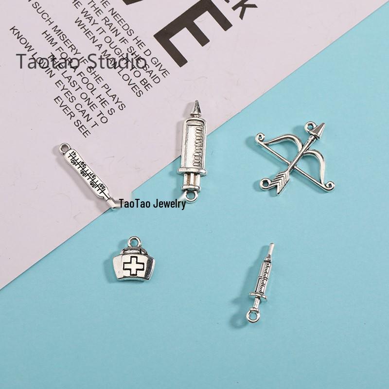 DIY Jewelry Accessories: Antique Silver Light Bulb, Syringe, Medicine Box Pendants, Earring Chains, Necklace & Keychain Y2K