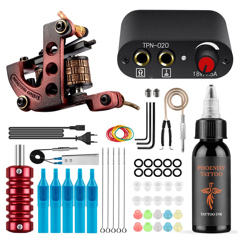 PHOENIXY Starter Tattoo Machines Gun с 30 мл чернилами, пигментом, источником питания для татуировки, традиционные игольчатые ручки для татуировки, инструменты для боди-арта, полный комплект