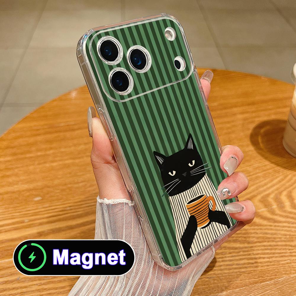 Cute Coffee Cat Clear TPU Magsafe Mobile Phone Case for iPhone 17 16 15 14 13 12 11 Air Pro Max Plus Mini Colorful Cover